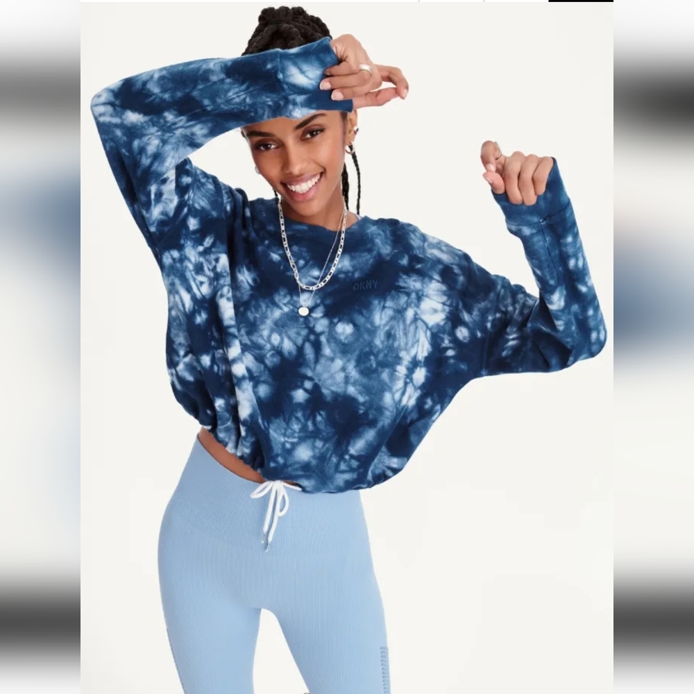 DKNY SPORT Blue & White Tie-Dye Long Sleve Top
